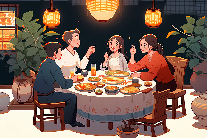 【AI数字艺术】中秋节一家人团聚吃团圆饭传统节日插画下载