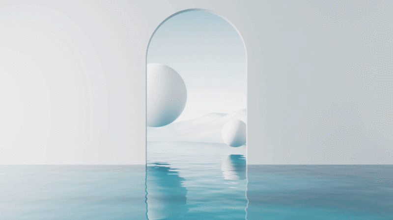 水面与球体超现实背景3D渲染插画下载