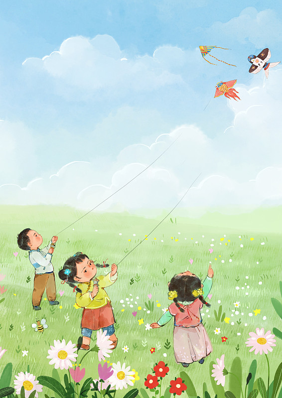 春天在草地上放风筝的儿童图片下载