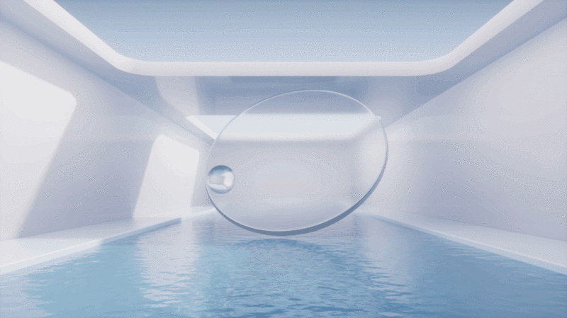 现代建筑水面与透明玻璃几何体3D渲染插画下载