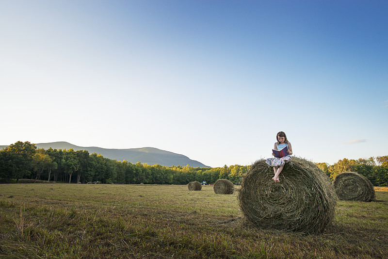 田野上满是又高又圆的干草包，一个年轻的姑娘坐在一个大草包的上面。图片素材