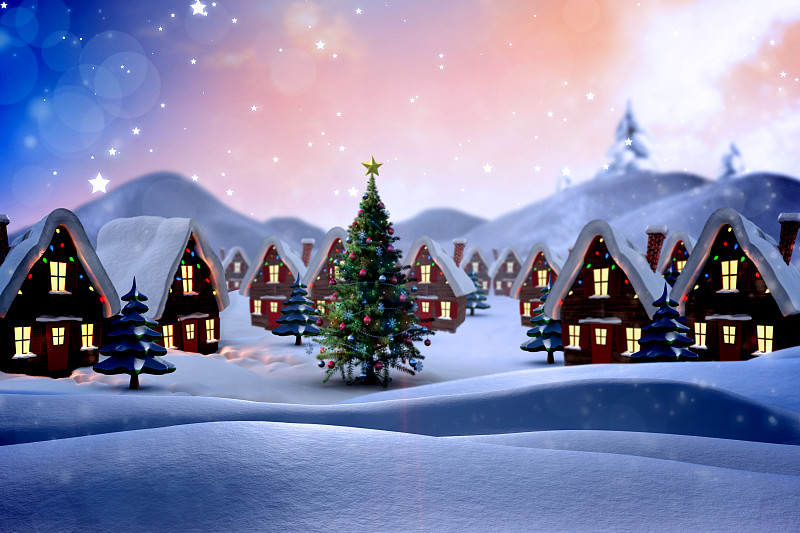 可爱的圣诞村与雪景与冷杉树图片素材
