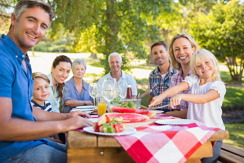 快乐的家庭野餐和举着美国国旗在一个阳光明媚的日子图片下载