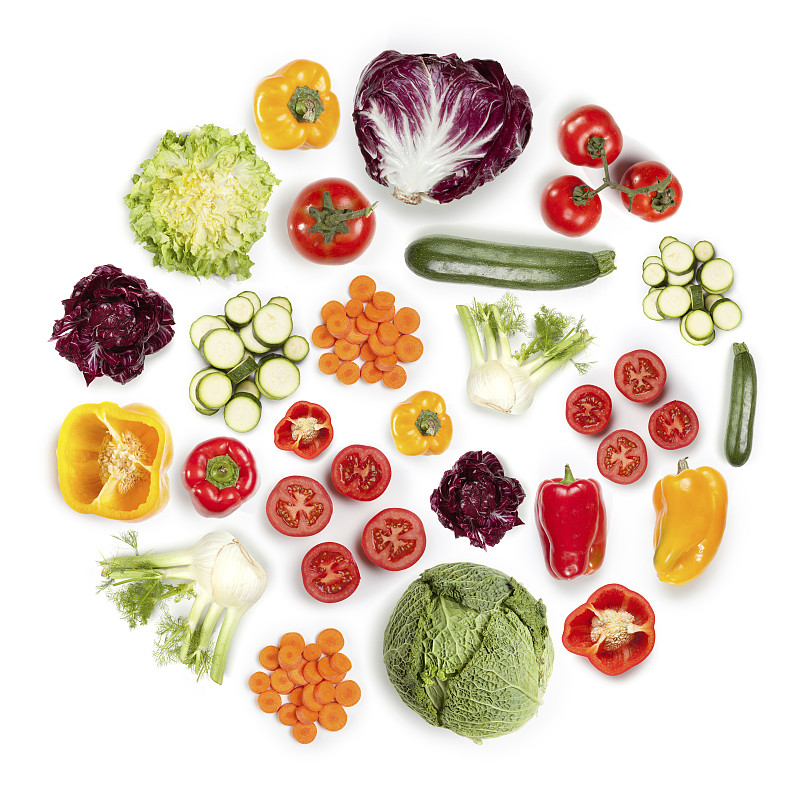 白色背景上的圆形健康水果和蔬菜图片下载
