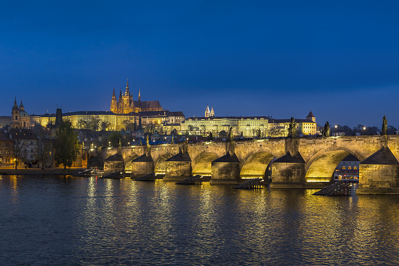 捷克共和国、布拉格、赫拉德卡尼城堡、圣维塔斯大教堂、伏尔塔瓦河和查理大桥图片下载