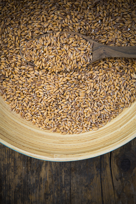 二粒小麦，小麦，放在碗里，木勺里图片下载
