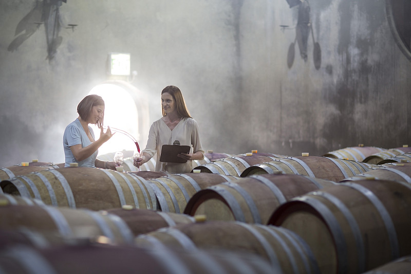 Two women tasting wine in cellar图片素材