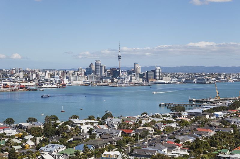 新西兰，奥克兰，天际线，城市中心，中央商务区，天空塔，德文波特区在前景图片下载