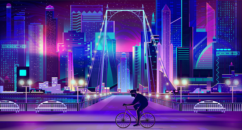 骑自行车的人在城市堤岸卡通向量图片下载
