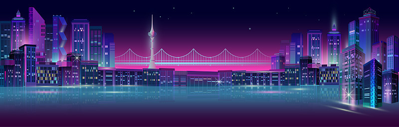 夜晚的城市全景与霓虹灯在紫色的背景。向量。图片下载