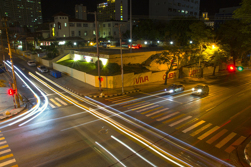 夜晚城市街道上的灯光小径图片素材