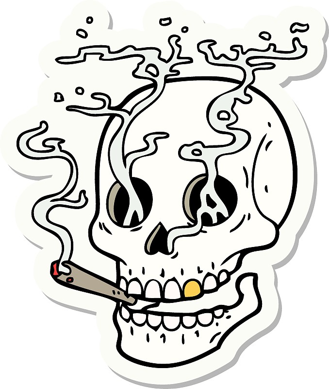纹身风格的贴纸，一个骷髅在抽烟图片素材