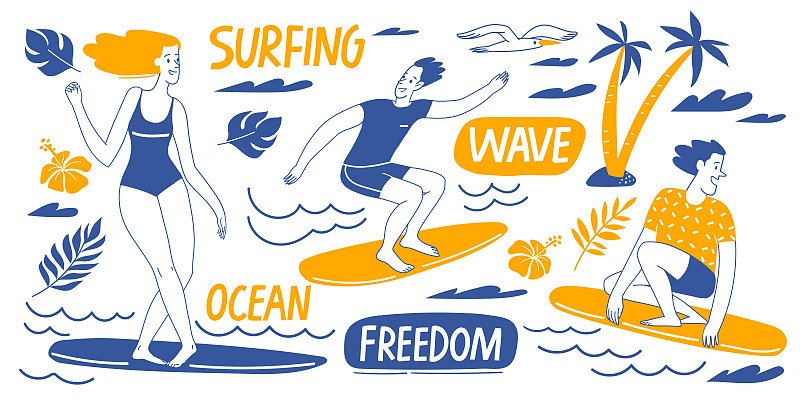 冲浪动机矢量设计与人，海洋元素和字母图片素材