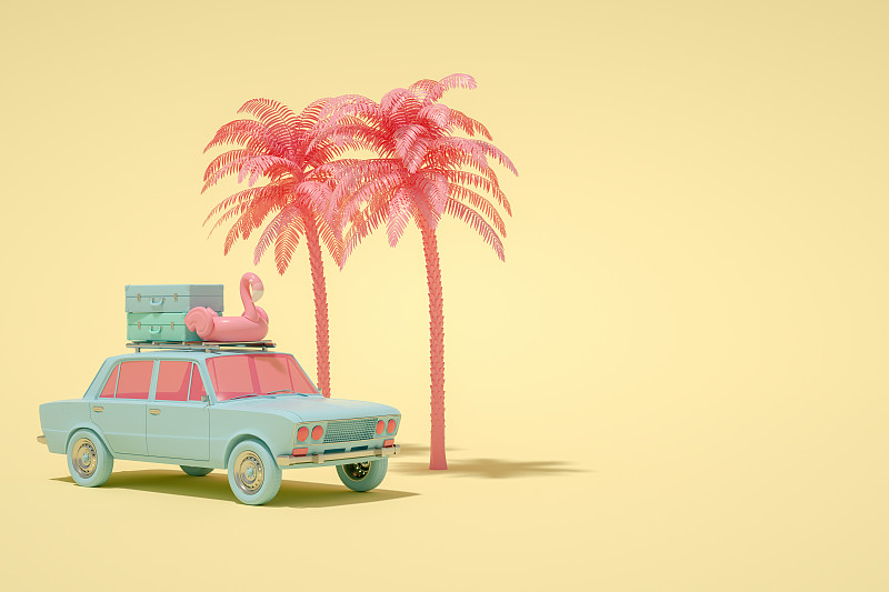 3D汽车和行李，最小的夏季和旅游概念图片素材