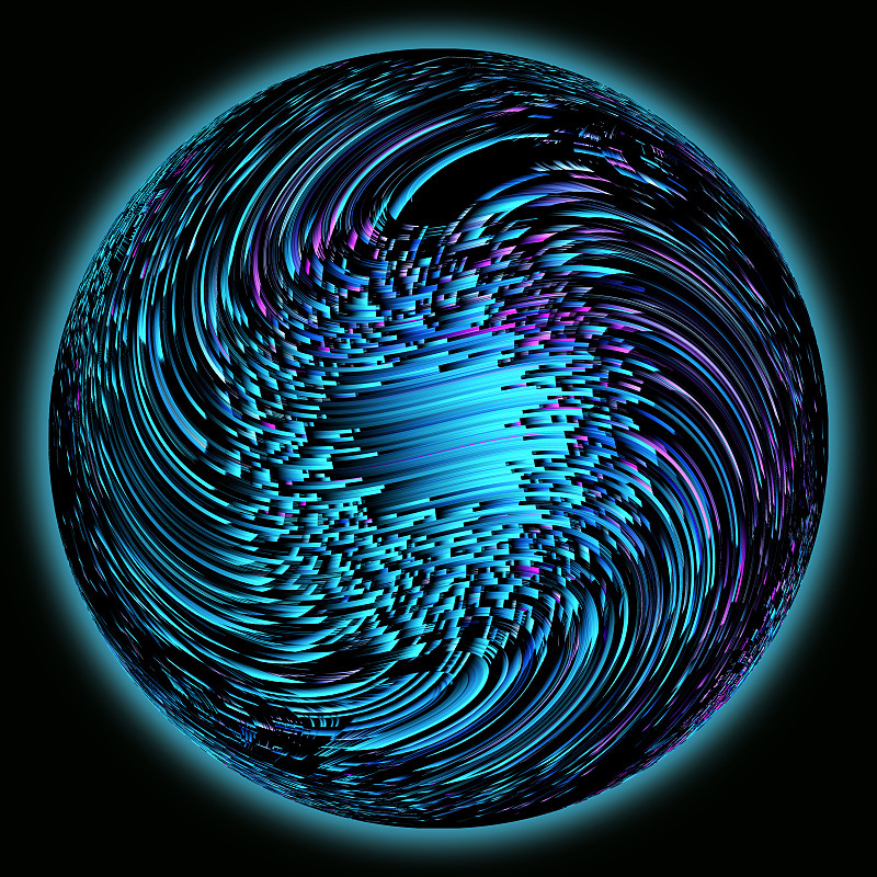 抽象扭曲蓝色Glitch球体地球纹理彩色背景。几何的未来。图片素材