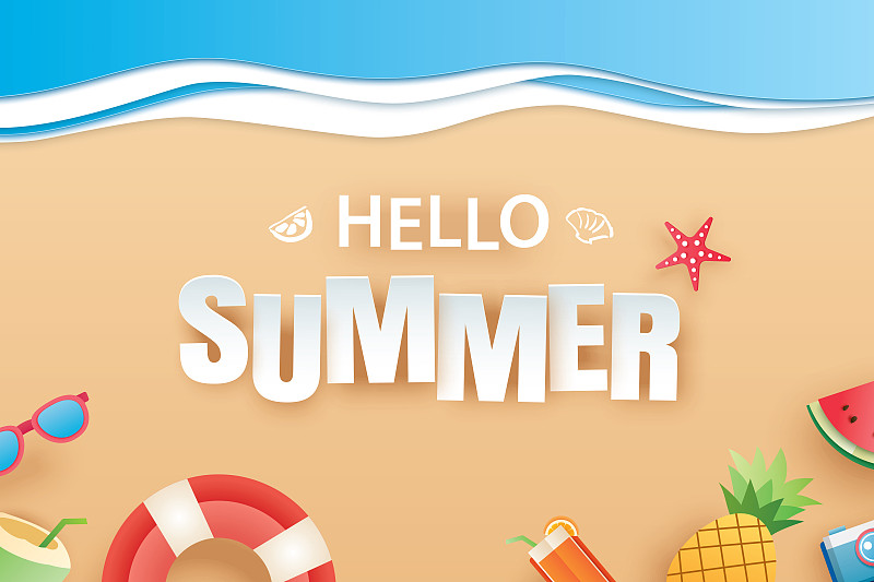 你好夏季海滩顶视图旅游和度假背景。用于横幅模板，贺卡，邀请，波浪和沙海报。图片素材