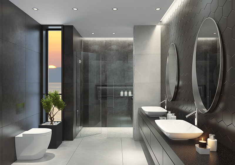 现代黑白浴室与六角形瓷砖在日落。图片素材
