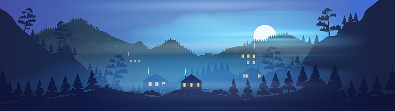 山中的村庄，满月之夜图片下载