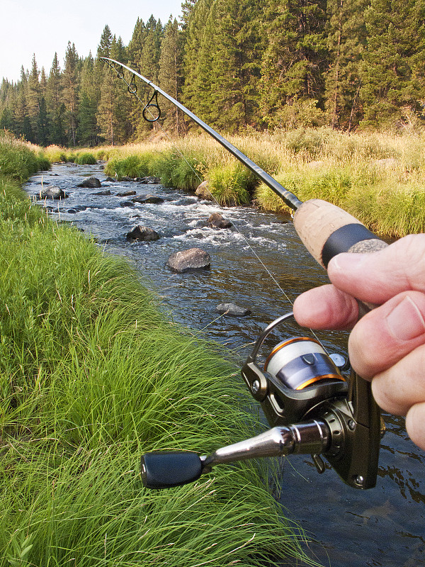 一个人的手握旋转钓鱼杆在羽毛河在格里尔格尔加州的特写图片素材