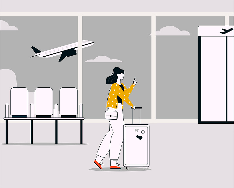 矢量线性插图的女人与行李走在机场图片素材