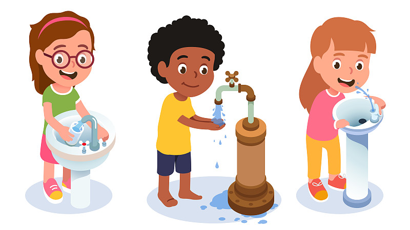 Girl kid pouring water into glass from sink faucet, drinking from drink fountain & boy washing hands using outdoor tap. Thirst & hygiene. Children cartoon characters set. Flat vector illustration图片素材