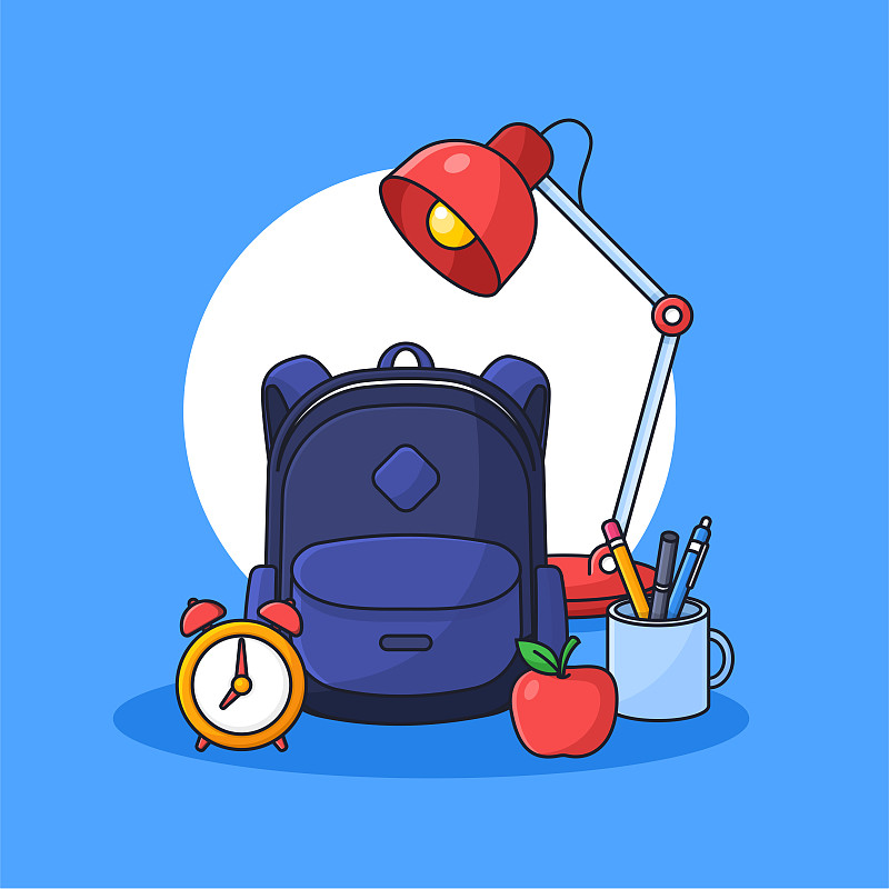 student backpack with full studying tools and desk sitting lamp vector illustration for back to school concept cartoon outline style flat design图片素材