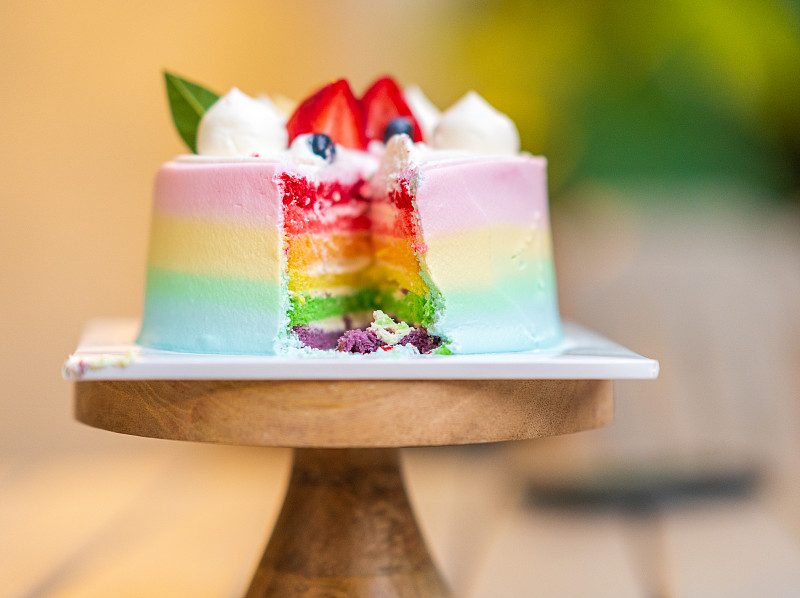 Delicious Rainbow Birthday Cake Topped with Berries.图片素材