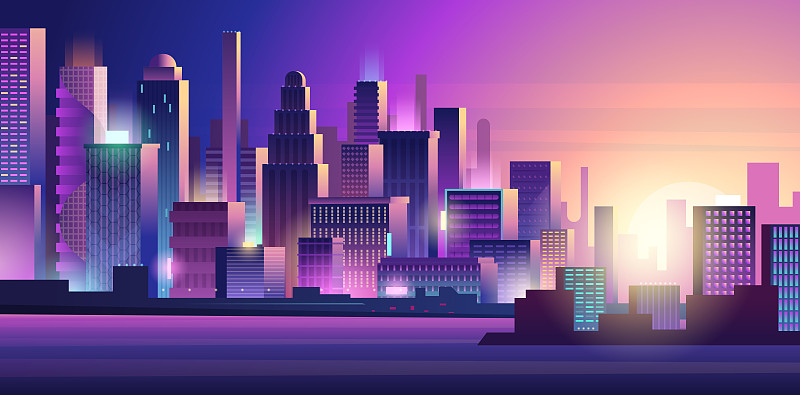 朋克的城市。霓虹辉光照明城市景观，紫色，黑暗的未来主义城镇矢量背景图片素材