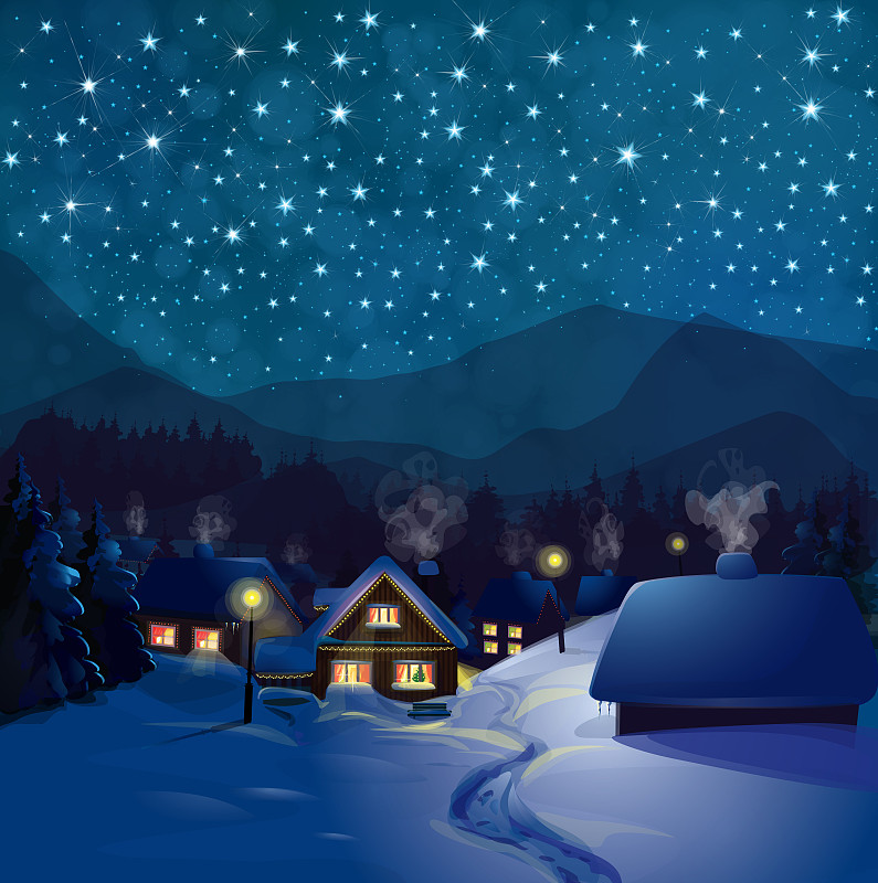 矢量冬季仙境夜背景。夜晚冬天的景观与房子。图片下载
