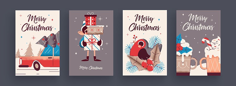 2020年新年和圣诞贺卡收藏。可爱的节日主题属性和情况图片下载