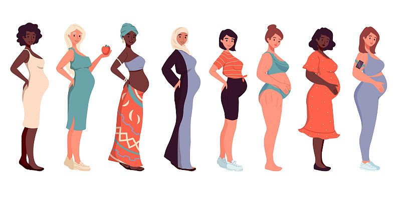 不同的孕妇套装，连衣裙，头巾，内衣。非裔美国人，阿拉伯女人，白种人。年轻美丽的多民族母亲不同国籍。多样性、多种族社会。图片素材