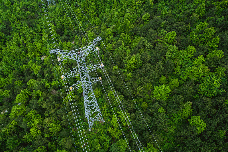 中国高山森林输电线路鸟瞰图图片下载