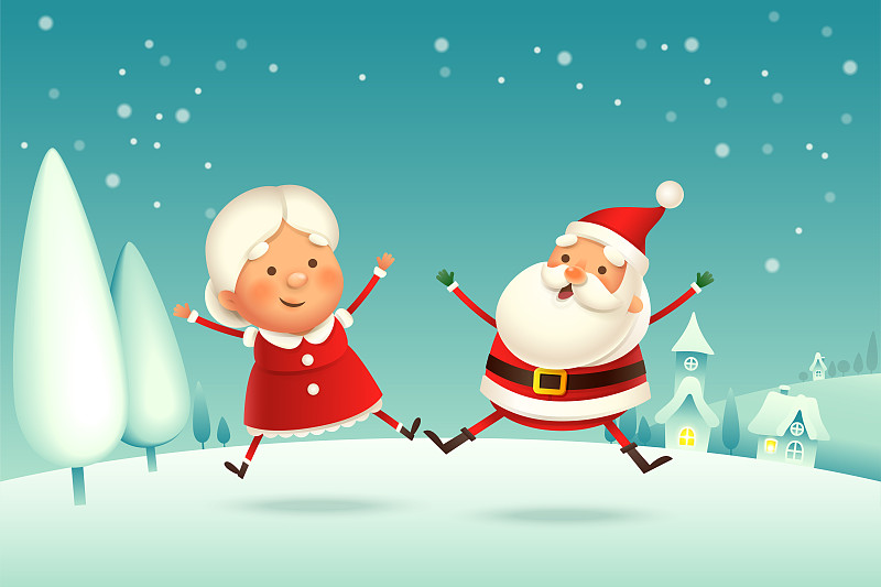 圣诞老人和圣诞夫人庆祝圣诞-冬季风景图片下载