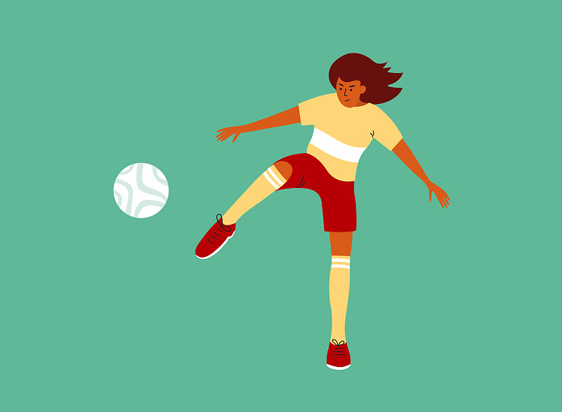 矢量插图的年轻女性足球运动员踢球在绿色足球场图片下载