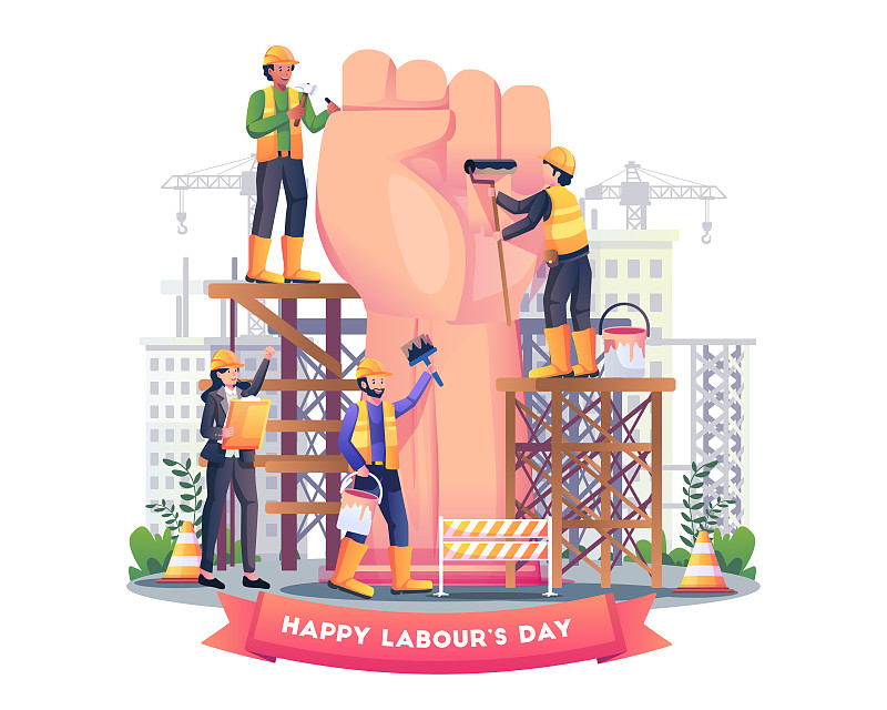 为庆祝5月1日的劳动节，建筑工人正在建造一个巨大的拳头臂。平面样式矢量插图图片下载