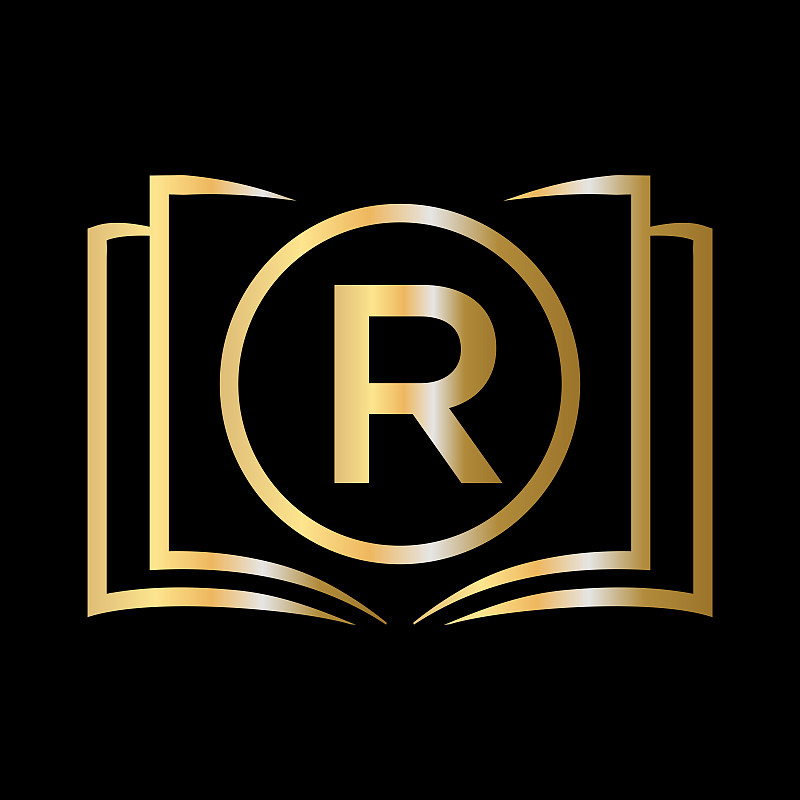 字母R模板上的教育标志。打开书本标志上的R字母，最初的教育标志概念模板图片下载