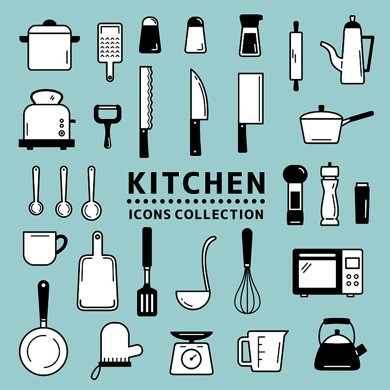 一个时尚的图标收集厨房用具。插画图片
