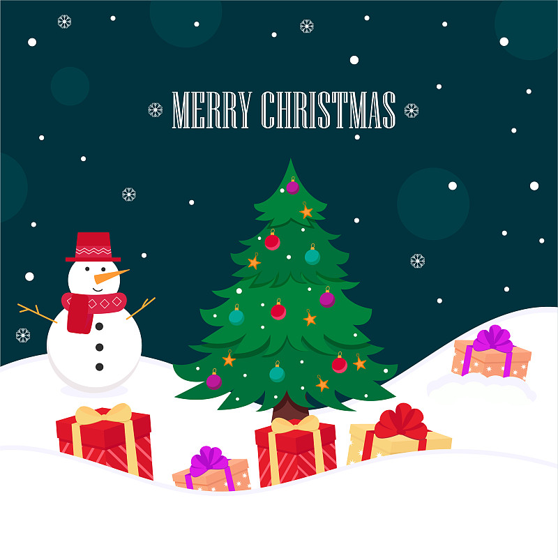 有礼物的圣诞树和雪地里的雪人。矢量图下载