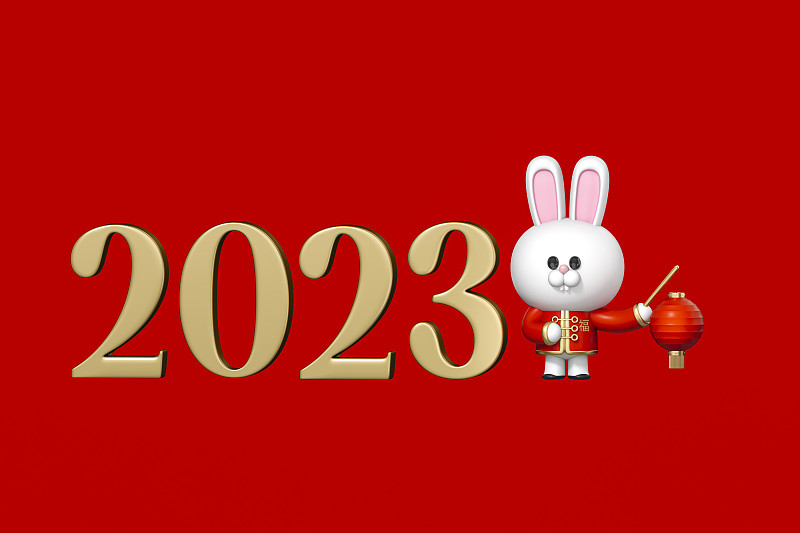 新年快乐2023年，兔年，中国生肖3d兔在红色背景3d渲染。3d插图祝福幸福，繁荣和长寿。中国新年的节日。图片下载