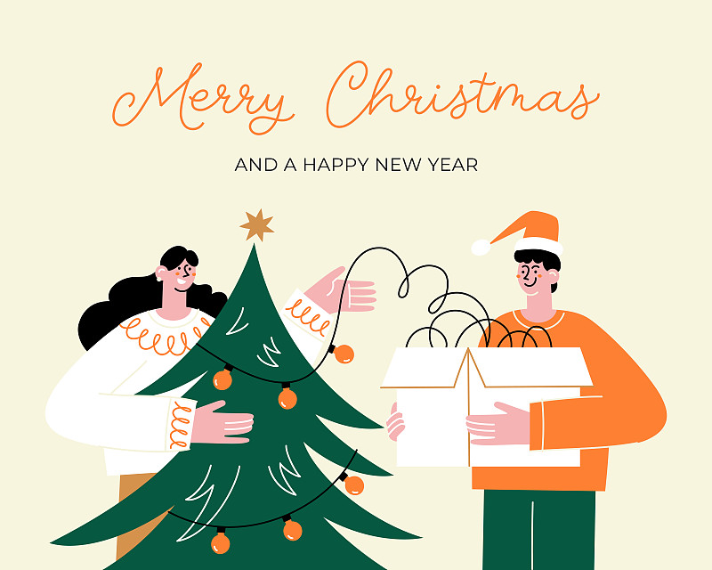 快乐的圣诞和快乐的新年贺卡与快乐的人一起装饰圣诞树。图片下载