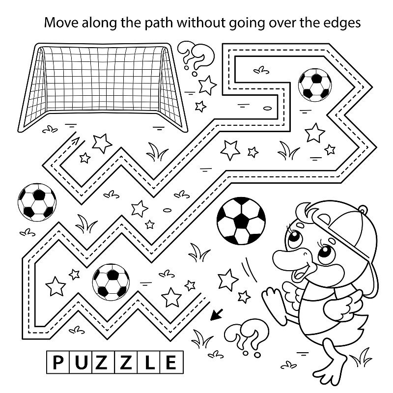 书法练习纸。简单的教育游戏或迷宫。卡通鸭或小鸭子与足球。足球。运动。儿童填色书。图片下载