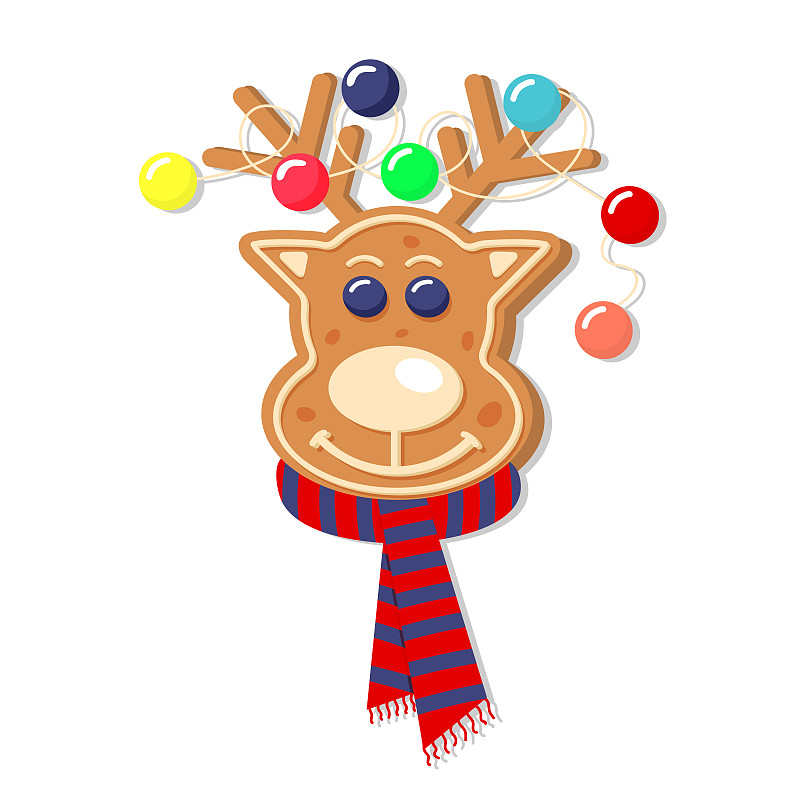 圣诞姜饼鹿，鹿角上有装饰物，围着围巾。新年装饰饼干。冬天自制的甜。图片下载