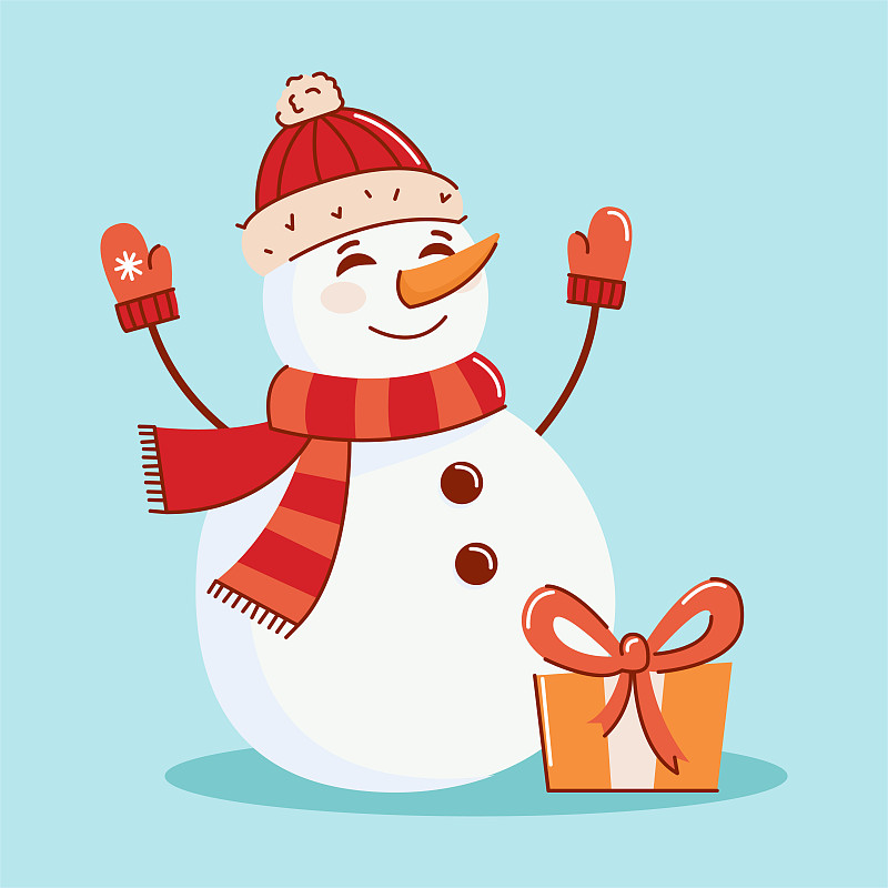 矢量插图的雪人与礼物挥舞他的手在一个连指手套。新年的概念图片下载