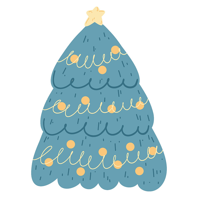 卡通扁平风格的圣诞树。手绘矢量插图的常绿树与装饰和花环。圣诞节和新年庆祝概念图片下载