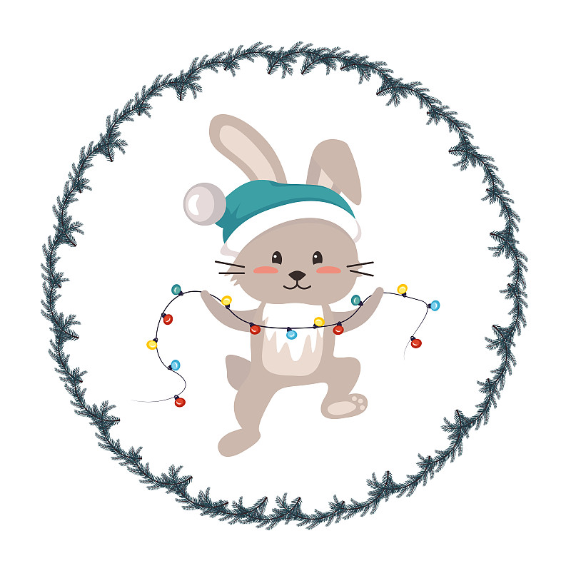 礼品卡与可爱的兔子或野兔和圣诞树花环。图片下载
