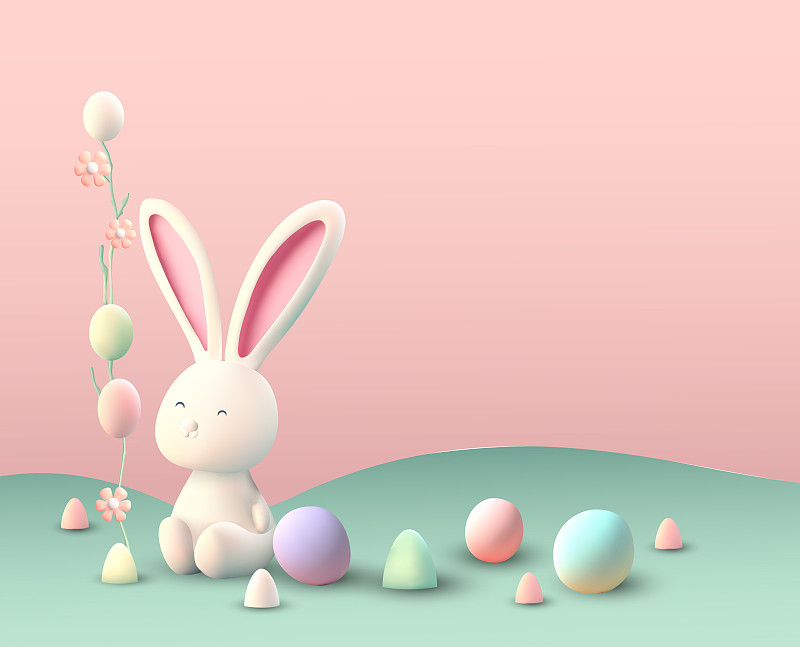 复活节兔子3d矢量概念，兔子蛋可爱的背景粉彩春天节日快乐渲染图片下载