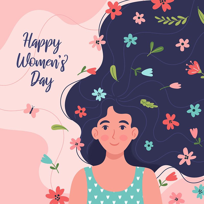 妇女节快乐。贺卡，海报，模板。可爱的女人，头上戴着春天的花朵。为庆祝3月8日的矢量插图。图片下载