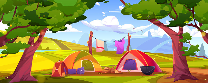 夏日露营场景，帐篷，山丘和森林图片下载
