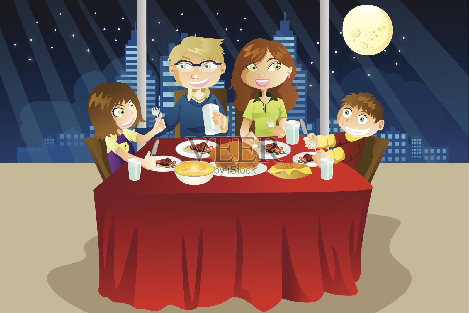 家人吃晚餐插画图片素材