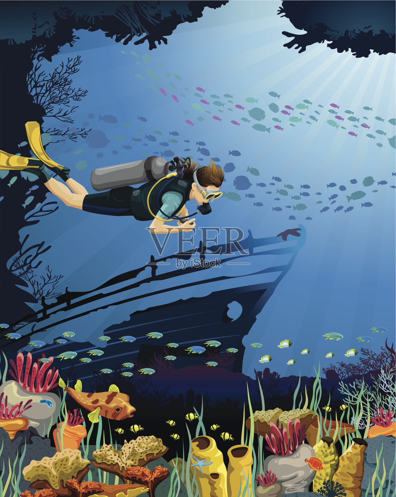 潜水员和珊瑚礁插画图片素材